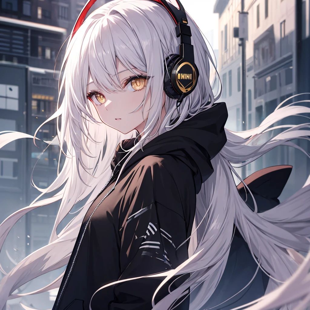 Golden Eyes、woman、Silver Hair、Semi-long hair、Put on some cool headphones,
Black hoodie oversized,
MytH, beautiful and delicate
Golden Eyes、thought,Black clothes,Solo,
Near future