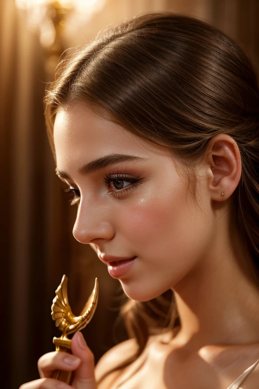 a beautiful young woman celebrating and kissing a trophy she won, extremely detailed, beautiful eyes, long eyelashes, detailed facial features, intricate hairstyle, glowing skin, elegant expression, soft lighting, warm color palette, photorealistic, highly detailed, digital art, award ceremony, celebration, pride, accomplishment