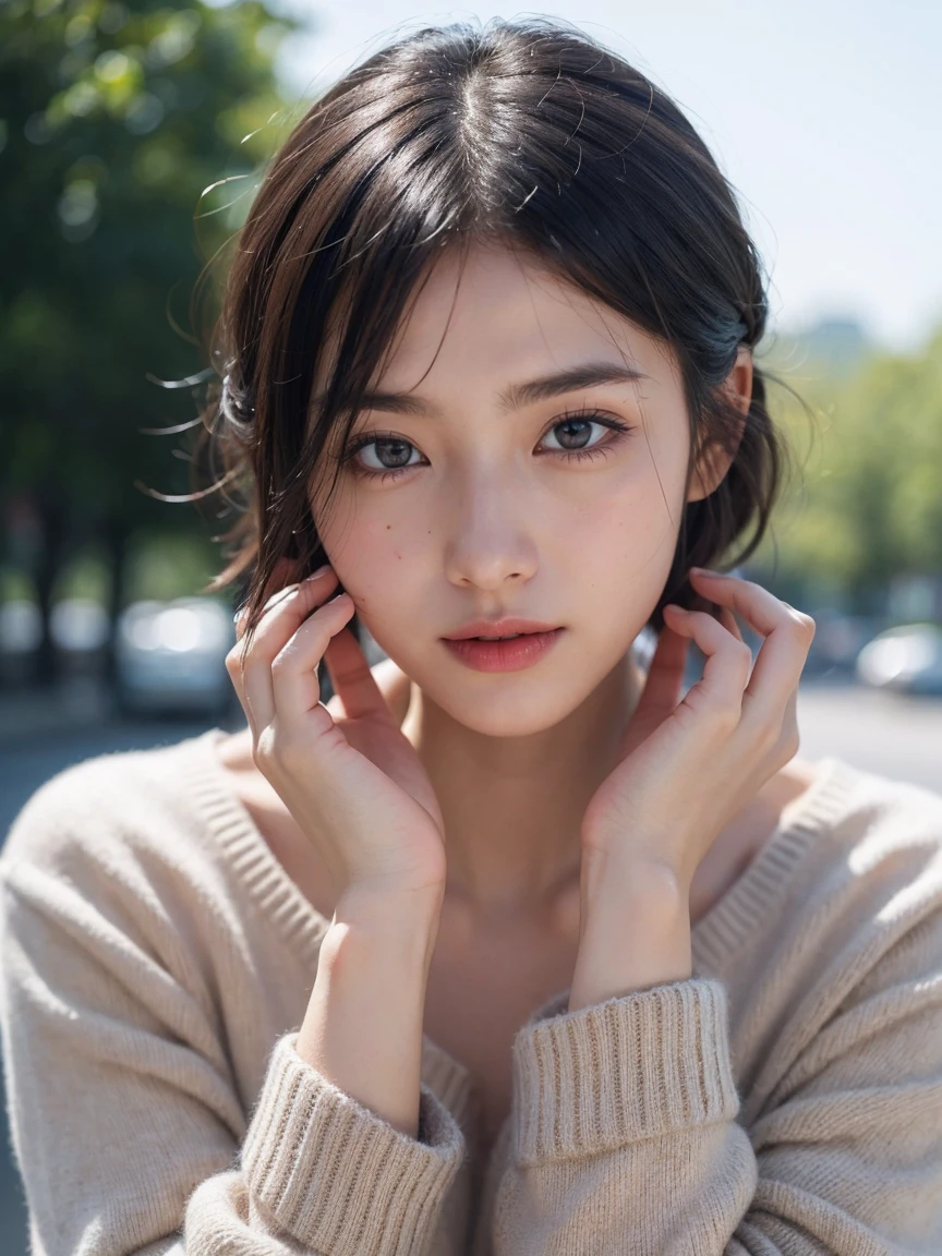 Sharp focus :1.2, A cute 24 year old girl with a perfect figure :1.4, Slim Abs :1.3, RAW Photos、超A High resolution, whole body, 超High resolution, Detailed Photos, smile, sexy, To the camera, close , (One girl), Beautiful Face, (Realistic Face),Random hairstyles for short hair and updos、Black Hair, Realistic eyes, Beautiful details in the eyes, (Realistic Skin), Beautiful Skin, (sweater), Absurd, Charm, ultra High resolution, Ultra-realistic, High resolution, Golden Ratio,Good move、10、High Leather Piece、Highest quality、head:1.3、((Hasselblad Photos))、Fine skin、Sharp focus、(Cinematic Light)、Gentle lighting、Dynamic Angle、[:(Detailed face:1.2):0.2]、 Negative Pro, Highly Detailed face and skin texture, Detailed eyes, double eyelid,masterpiece,Very fine grain,Ultra-fine hands, Face Zoom, Perfect Makeup,Canon RF85mmf/1.2), (8k, RAW Photos, Highest quality), (practical, photograph practical), (Very detailed, Best image quality, Very detailed, High resolution, Description of Very detailed, Super Fine, Very elaborate and beautiful work), Beautiful and delicate girl, ((Perfect body)), 非常にDetailed eyesと顔, White skin, Noble Beauty, ((Delicate skin texture, pores)), Perfect Anatomy, Delicate and beautiful body, Delicate face, Slim Abs, Narrow waist), Big Ass, Large Breasts