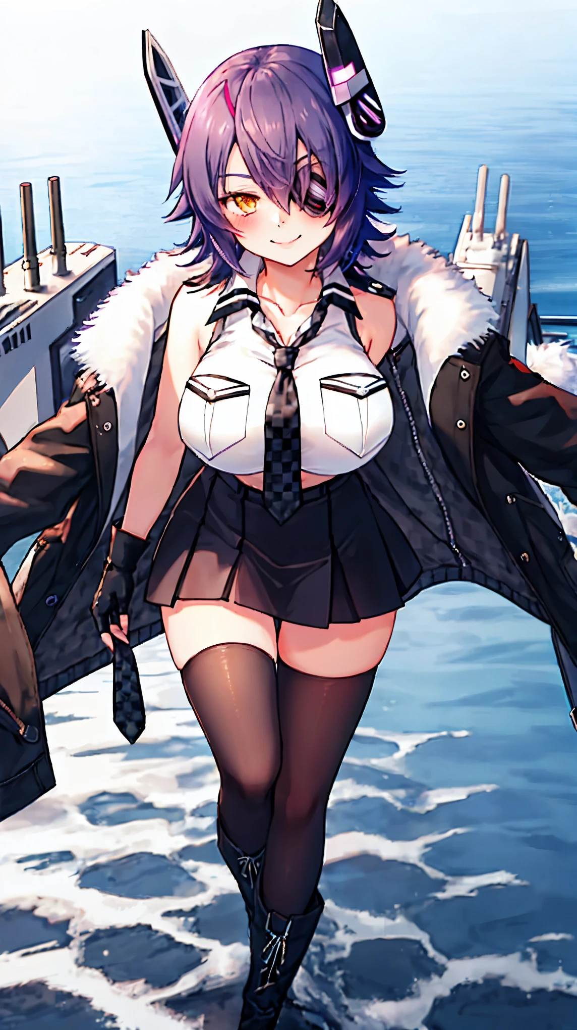 best quality, masterpiece, solo, {tenryuu_kantaicollection:1.15}, _girl, eyepatch, short_hair, purple_hair, yellow_eyes, headgear, breacktie, large_breasts, smirl, blush, checkered_necktie, hair_over_one_eye, shirt, collared_shirt, white_shirt, jacket, sleeveless, brown_eyes, fur-trimmed_jacket, fur_trim, collarbone, looking_at_viewer, pocket, breast_pocket, ,, hair, black_gloves, gloves, partially_fingerless_gloves,harbor_road_landscape_background,outdoor,short_skirt,thigh-highs,boots,sunlight,from_below