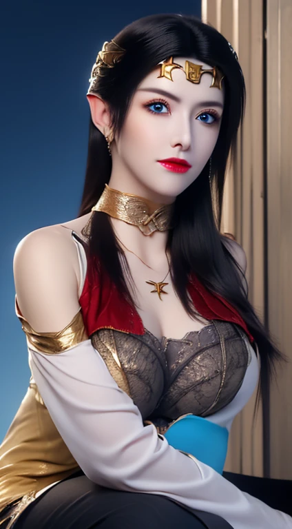 1 beautiful and sexy 20 year old girl, ((nsfw:1.8)), ((long black hair:1.6)), jewelry elaborately made from precious stones and beautiful hair, ((wearing a 24k gold lace necklace:1.4))), ((A thin red silk scarf covers half of the face:1.5)), the noble, noble style of an extremely beautiful girl, her small face is super cute, her face is very pretty, thin eyebrows, flawless beautiful face, ((black eye pupils: 0.8)), very beautiful eyes, ((platinum blue eyes: 1.6)), (((big round eyes:1.6))), nice makeup and hair detailed eyelashes, steamy eye makeup, high nose, earrings, red lips, ((closed mouth: 1.5)) beautiful lips, slim hands, most beautiful thighs, ((arms spread out to the sides: 1.5)), rosy face, clean face, flawless beautiful face, smooth white skin, (big breasts: 1.5)), ((high breasts: 1.6)), tight breasts, beautiful cleavage, (((big breasts and super round: 1.8))), ((super tight breasts: 1.7)) , beautiful breasts, perfect body, back arms, chest out, ((sitting position bent over with chest up and arms behind: 1.6)), ((thin black mesh stockings with black lace trim:1.6)), 8k photo, super high quality, super realistic, super 10x pixels, optical, bright studio, bright edges, dual-tone lighting, (high-detail skin:1.2), super 8k, soft lighting, high quality, volumetric lighting, photorealistic, photorealistic high resolution, lighting, best photo, 4k, 8k quality, blur effect, smooth sharp, 10 x pixel, ((night sky and firefliesbackground:1.5)), aurora, lightning, super graphics realistic, most realistic graphics, 1 girl, alone, solo, Extremely sharp image, surreal, (((frontal portrait:1.6)))."