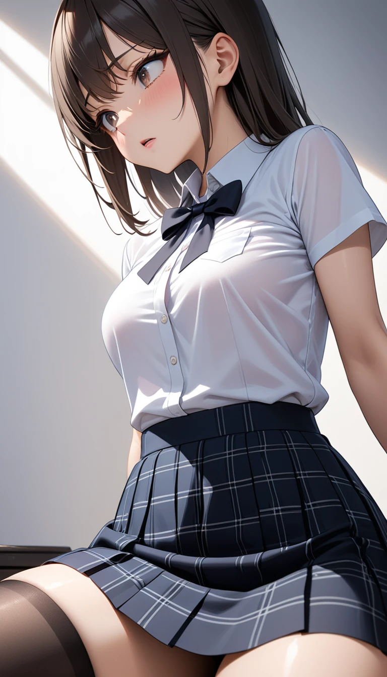 (Masterpiece)、(Highest quality)、(Very detailed)、(8k)、One Woman、18-year-old、、skirt、shirt、black tights