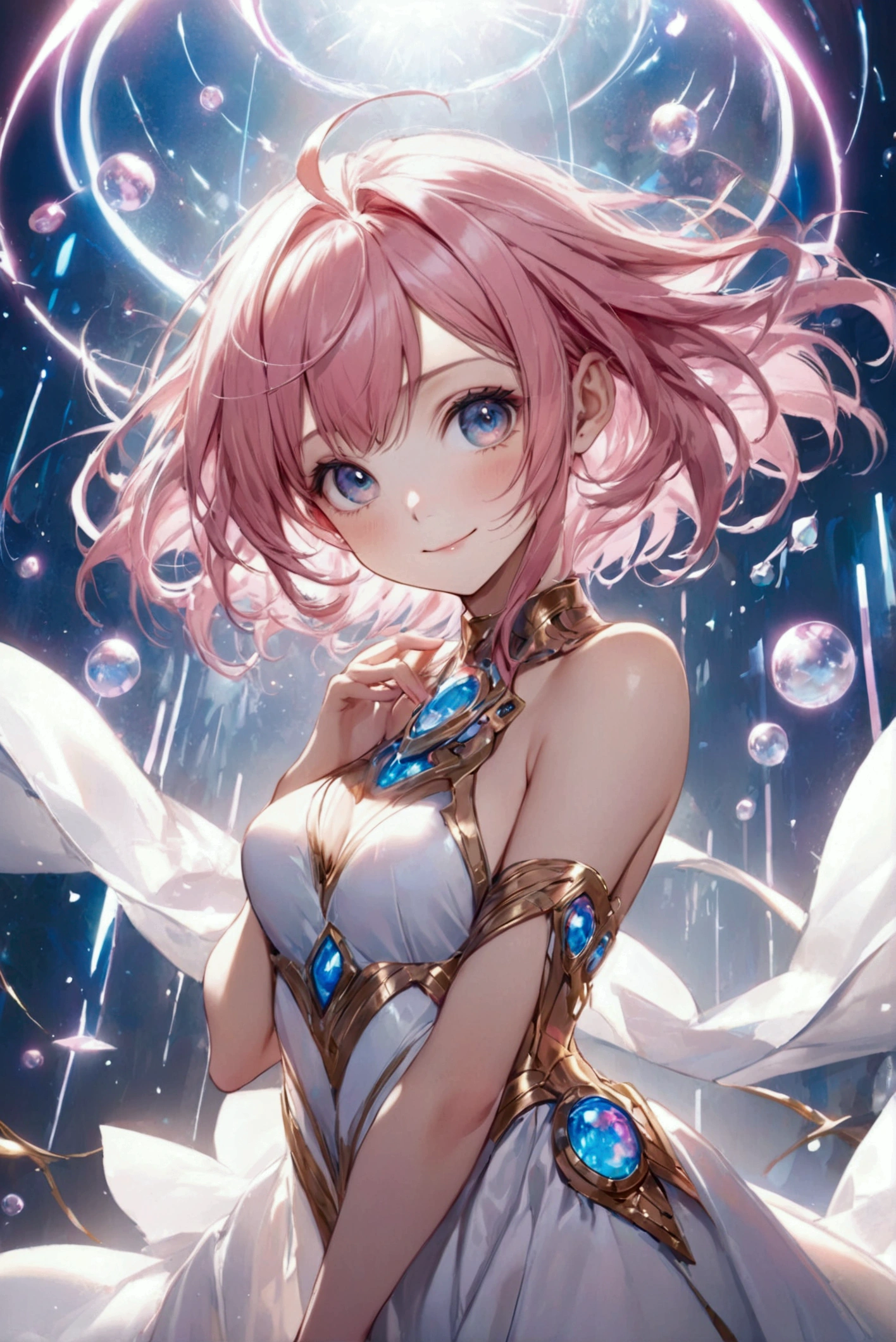 (Highest quality, 8k, 32K, masterpiece, Ultra-high resolution,:1.2),born, One girl,Super cute , Natural light,Clear, shining eyes, 20-year-old ,Fair skin, Girl with pink hair, Woman warrior, Sexy pose, An innocent smile, A fantasy background reminiscent of an electronic world, Random hairstyle