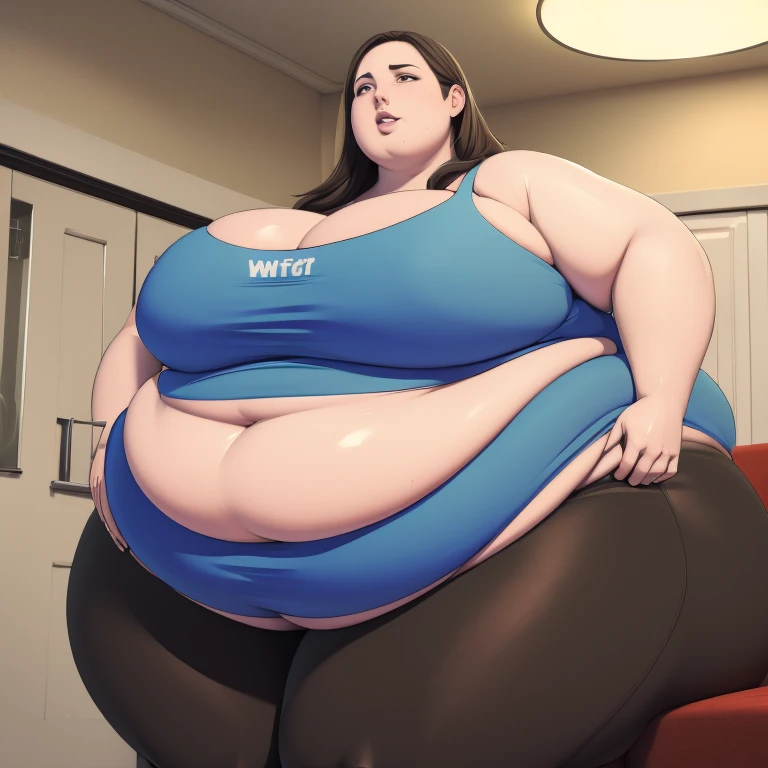 Wii fit trainer, a woman, thick body, extremely white pale skin, a tall and curvy figure, highres, and a hyper massive voluptuous body. She has large thick fat breasts, (gigantic breasts,  1.5), she has thick breasts, an extremely thick giant fat enormous sexy huge humongous gigantic ass, thick figure. The woman has cute long gray hair, detailed eyes, gray eyes. She has a seductive expression, ahegao expression, moaning. The woman is wearing a large blue tank top and gray yoga pants. She is standing in her bedroom, holding her belly, sweating, moaning, and gaining weight, with a sexy fat body. ((obese, fat, excess fat)), (morbidly obese body:1.5) (fat neck and chin). (Very large thighs) (((Colossal thighs, massive thighs, very large thighs))), full body, masterpiece, (NSFW), (exaggerated proportions), (hentai), (perfect anatomy), ((detailed manga illustration)), (detailed face), (4k wallpaper), (best quality,4k,8k,highres,masterpiece:1.2),ultra-detailed,(realistic,photorealistic,photo-realistic:1.37),HDR,UHD,studio lighting,ultra-fine painting,sharp focus,physically-based rendering,extreme detail description,professional,vivid colors,bokeh,portraits,goth, fantasy