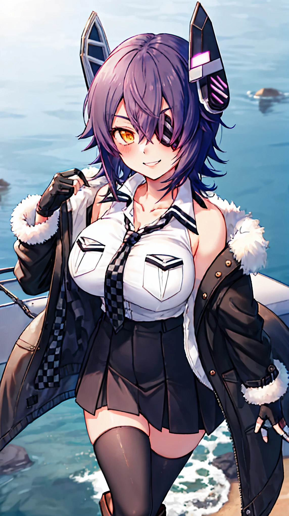 best quality, masterpiece, solo, {tenryuu_kantaicollection:1.15}, teen_girl, eyepatch, short_hair, purple_hair, yellow_eyes, headgear, breasts, necktie, large_breasts, smile, 1girl, blush, checkered_necktie, hair_over_one_eye, shirt, collared_shirt, white_shirt, jacket, sleeveless, brown_eyes, fur-trimmed_jacket, fur_trim, collarbone, looking_at_viewer, pocket, breast_pocket, ,, messy_hair, black_gloves, gloves, partially_fingerless_gloves,harbor_road_landscape_background,outdoor,short_skirt,thigh-highs,boots,sunlight,from_below