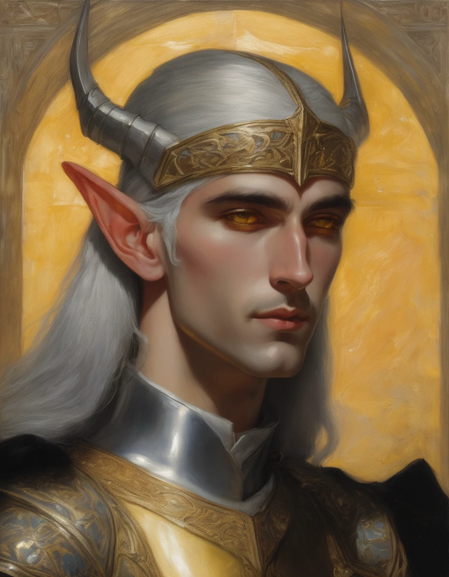{{Masterpiece, best quality, by Franz von Stuck, by J. C. Leyendecker, oil painting, prismatic, holographic}}, (((((smooth half body profile of a beautiful, striking, male high elf knight, elf ears, yellow eyes, golden yellow skin, jaundiced skin, silver hair, chiseled face, angular face with an aquiline nose, tall, solemn, magnificent, haughty, noble, posing arrogantly, looking at viewer))))). (((((He is wearing an art déco uniform made of sheen, nacre plate, multicolored, holographic silk, with pearlescent, gemstone elements, coral elements, mirrors, crystals elements, prism elements))))).