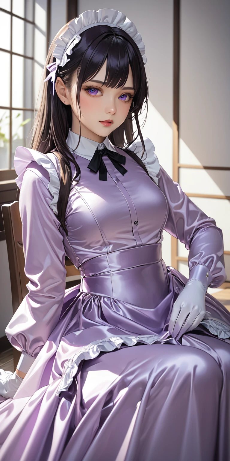 Portraiture、(masterpiece,Highest quality,Ultra-high resolution),Japanese women, (((Very beautiful 25 year old girl)))、She is wearing a shiny light purple satin long sleeve maid dress.、The dress has a simple design without any patterns..、The skirt is a long skirt with frills、Satin Gloves、((Satin bodysuit))、Bright room