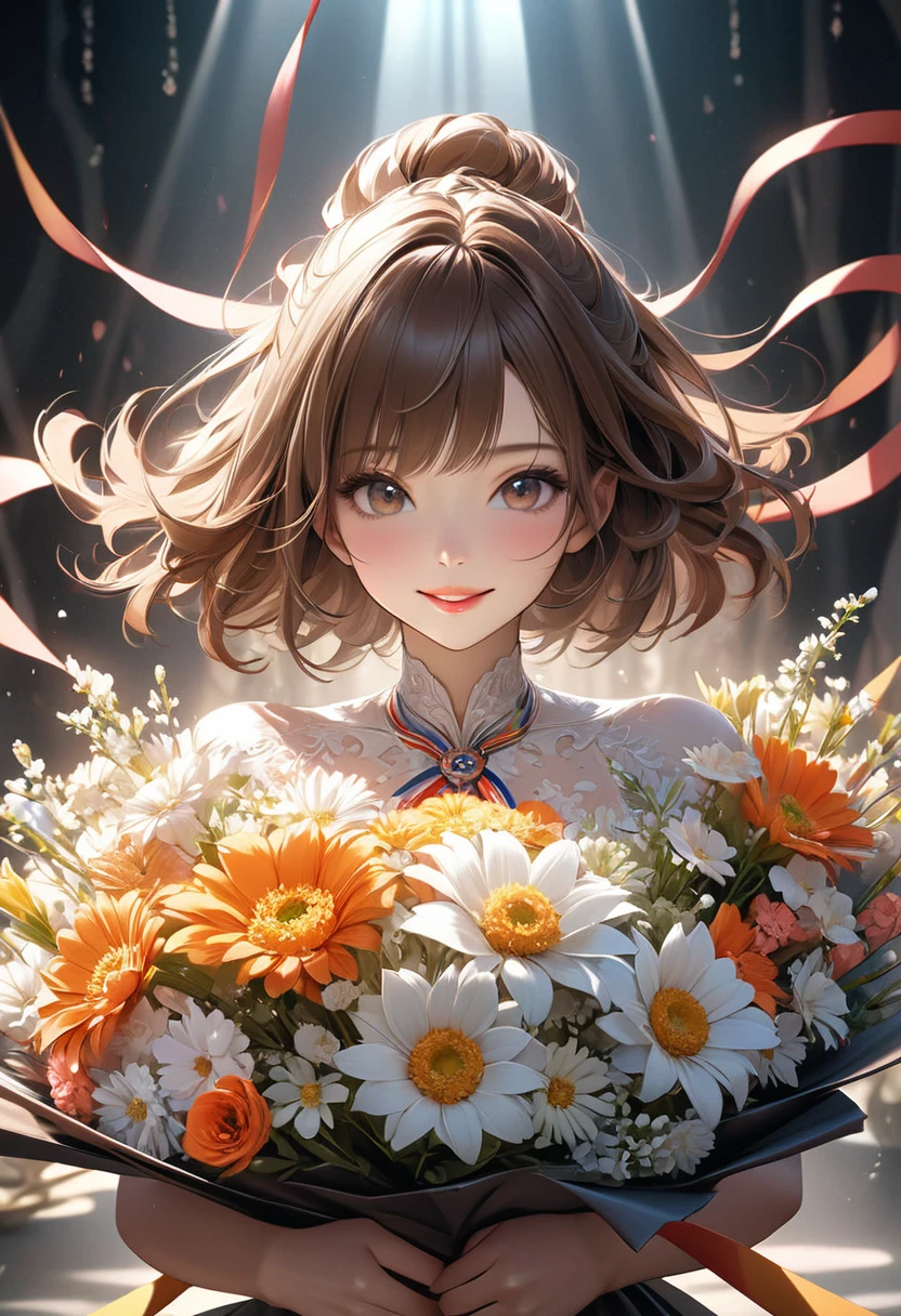
                  ( perfect anatomy )  Hanging ribbon medal medal otherworldly charming very beautiful girl award ceremony holding gold medal holding big bouquet of flowers ,Happy, elegant and joyful expression at the moment of winning the award(close up),brown hair, Features ultra-high detail eyes,

                    Beautiful and sophisticated silhouette, Ultra-high detail mouth, fine and perfect lips,  looking directly at the viewer, Light and shadow movie special effects high-resolution images surreal textures high-resolution,  Digital painting, 


                            Delicate and dynamic rendering, ultra-high quality, masterpiece, anatomically correct, Super detailed, Best quality animation style HD high quality presentation