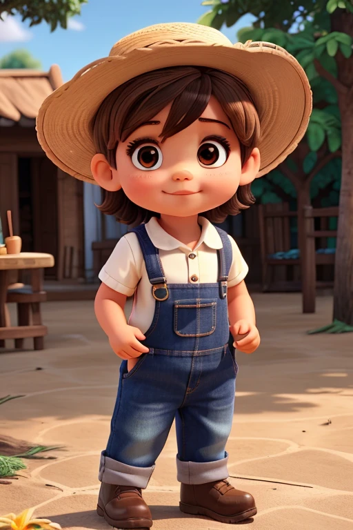 a 1 year old baby with short brown hair and brown eyes wearing a straw hat and wearing a plaid dungaree