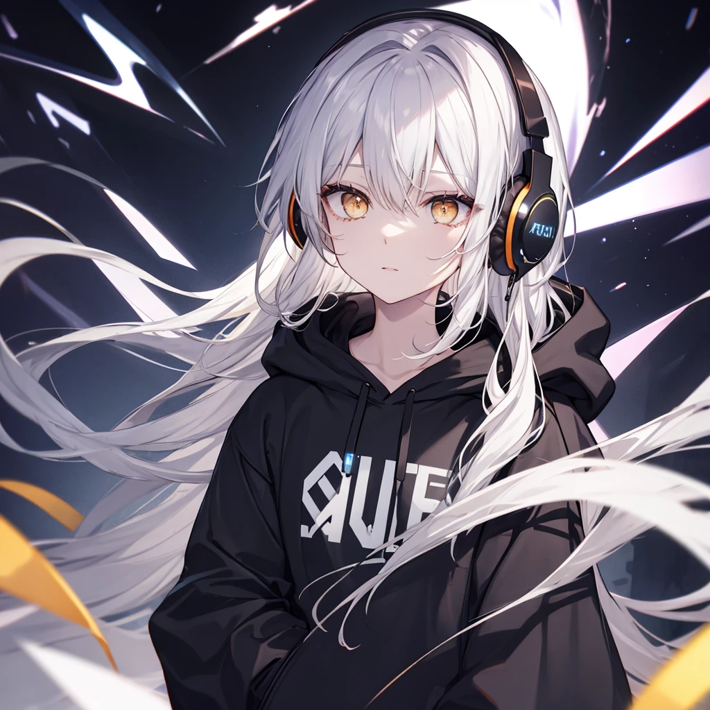 Golden Eyes、woman、Silver Hair、Semi-long hair、Put on some cool headphones,
Black hoodie oversized，
MytH, beautiful and delicate
Golden Eyes、thought,Black clothes，Solo，
Near future
