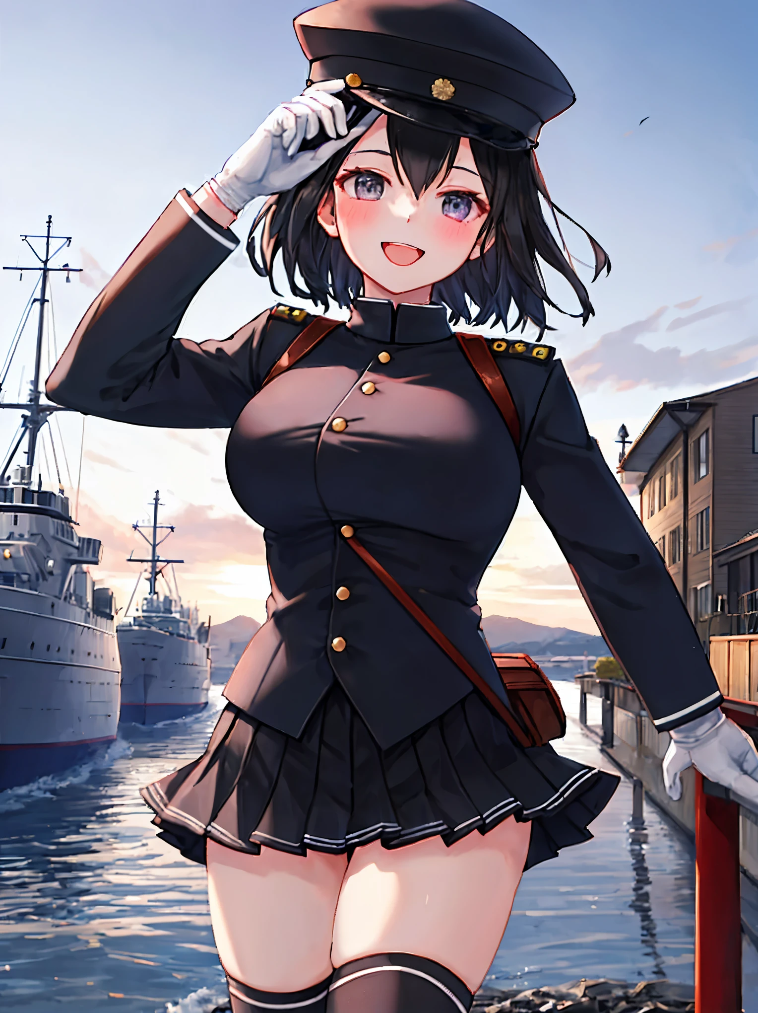 best quality, masterpiece, solo, {akitsu_maru_kantaicollection:1.15}, black_hair, short_hair, hat, peaked_cap, black_eyes, military, big_breasts, 1girl, black_headwear, looking_at_viewer,black_ military_uniform, uniform, military_hat, in_front_harbor_town_landscape_background, smile,(plump:0.7),,black_thigh-highs,joylight_open_mouth,white_skin