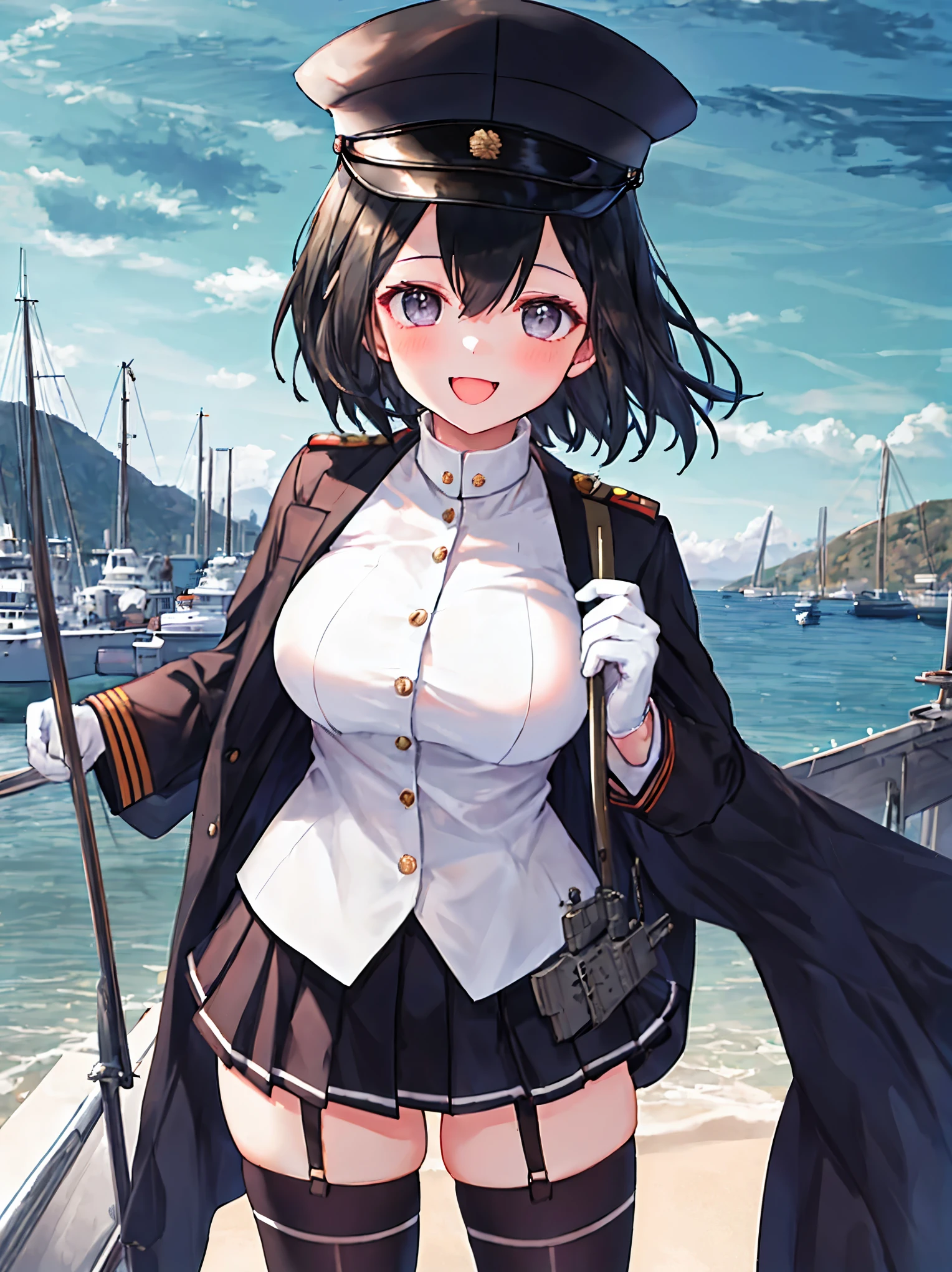 best quality, masterpiece, solo, {akitsu_maru_kantaicollection:1.15}, black_hair, short_hair, hat, peaked_cap, black_eyes, military, big_breasts, 1girl, black_headwear, looking_at_viewer,black_ military_uniform, uniform, military_hat, in_front_harbor_town_landscape_background, smile,(plump:0.7),,black_thigh-highs,joylight_open_mouth,white_skin