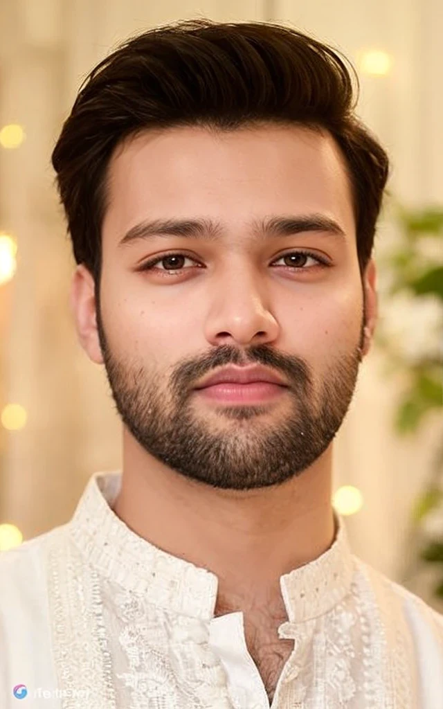 A beautiful young bearded man with highly detailed skin.black hair.happy emotion