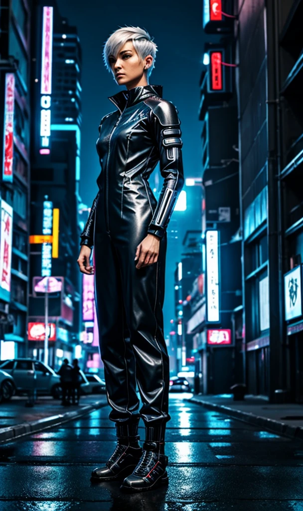 6'0" Cyber ninja in a bionic jumpsuit with short silver hair in a cyberpunk city