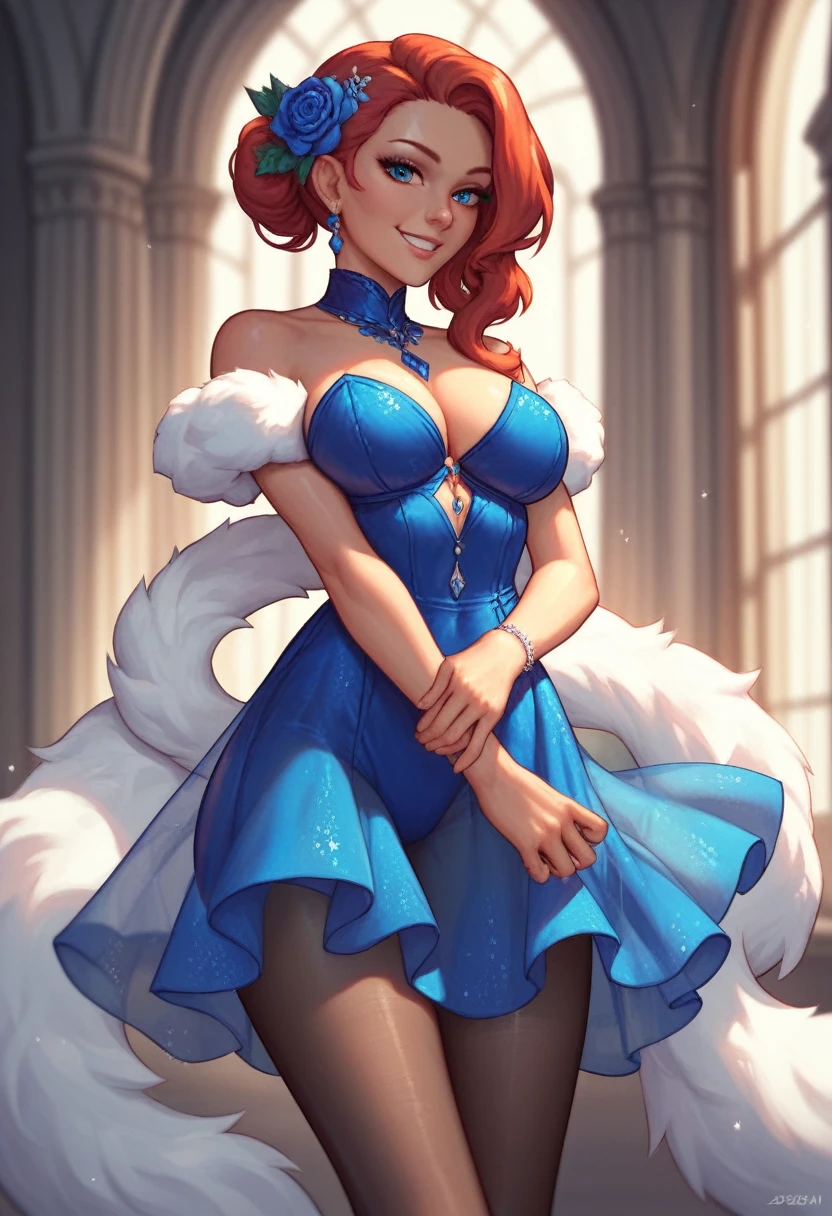 (masterpiece, best quality:1.2), solo, 1girl, jsrmew, smile, looking at viewer, hand on own arm, blue dress, fur trim, glossy translucent black pantyhose