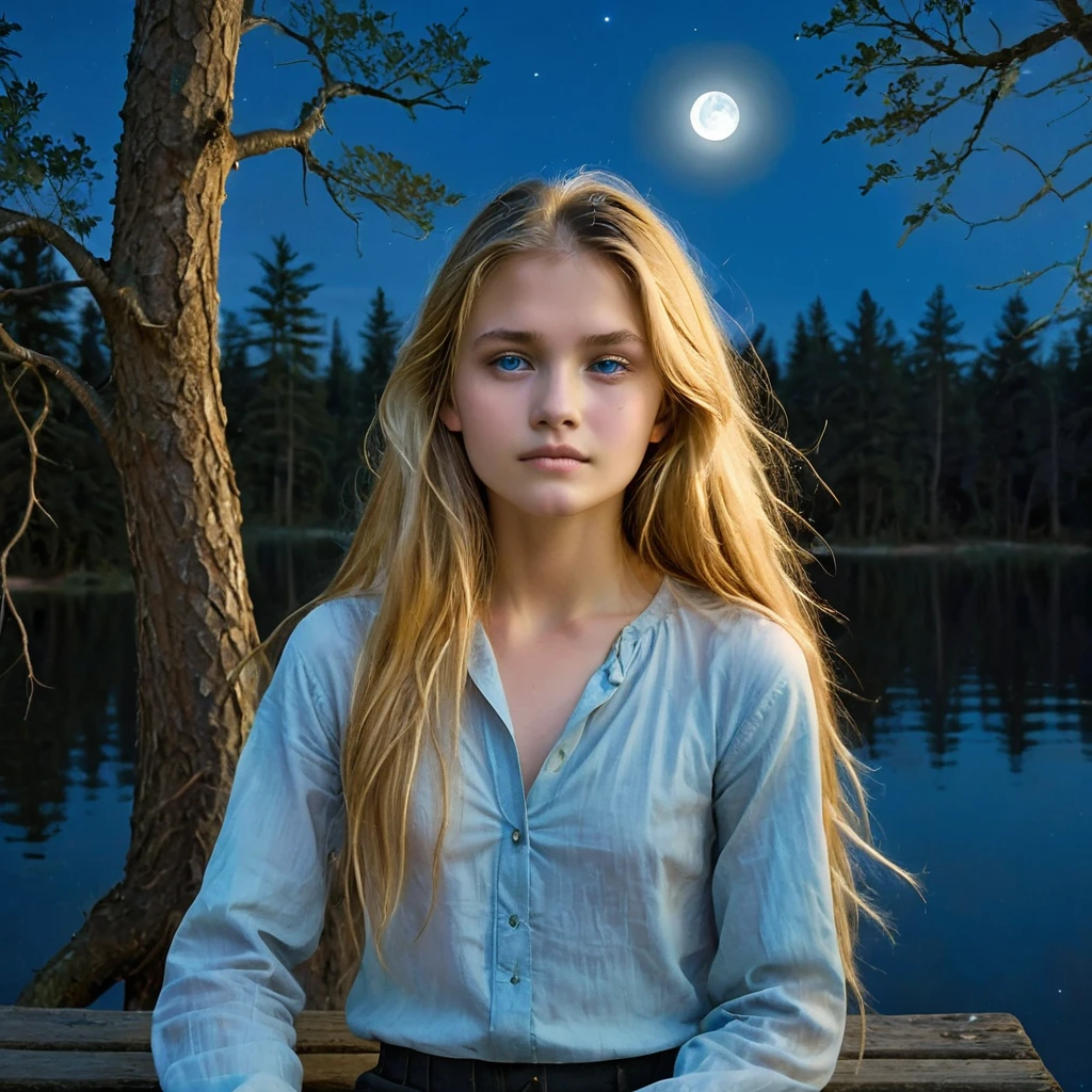 Under the light of a full moon, a young woman with long, flowing blonde hair sits on a bench by a serene lake. The moonlight casts a gentle glow on her fair skin, highlighting her striking blue eyes and the delicate features of her face. Dressed in a loosely buttoned shirt that slips off her shoulders, she exudes a mix of vulnerability and allure. Large hoop earrings frame her face, adding a touch of elegance to her natural beauty. The dark silhouette of the forest in the background contrasts with the bright moon, creating an atmosphere of quiet enchantment. As the night deepens, she becomes a central figure in a story of mystery and romance, where the boundaries between dreams and reality blur under the celestial light, nude