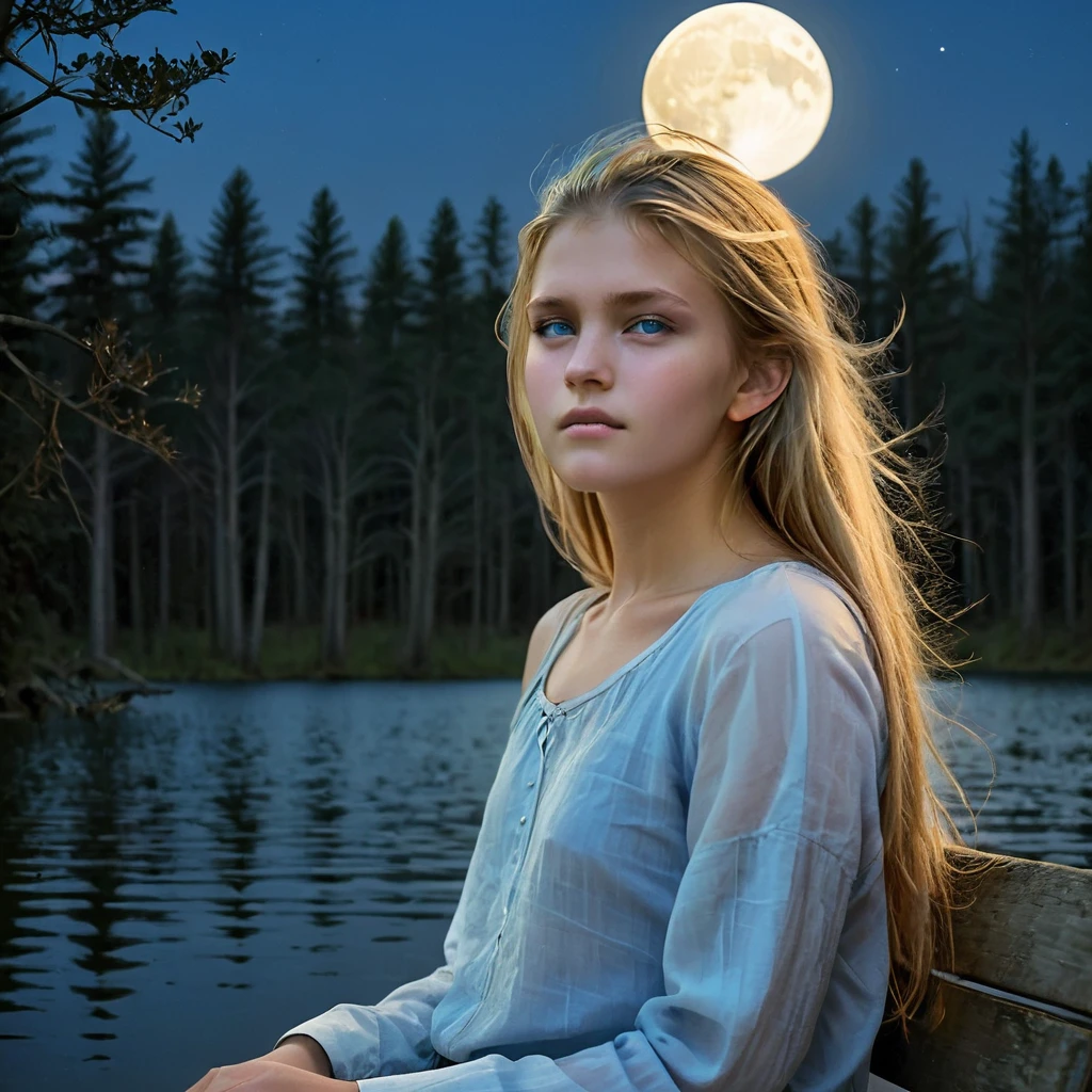 Under the light of a full moon, a young woman with long, flowing blonde hair sits on a bench by a serene lake. The moonlight casts a gentle glow on her fair skin, highlighting her striking blue eyes and the delicate features of her face. Dressed in a loosely buttoned shirt that slips off her shoulders, she exudes a mix of vulnerability and allure. Large hoop earrings frame her face, adding a touch of elegance to her natural beauty. The dark silhouette of the forest in the background contrasts with the bright moon, creating an atmosphere of quiet enchantment. As the night deepens, she becomes a central figure in a story of mystery and romance, where the boundaries between dreams and reality blur under the celestial light, nude