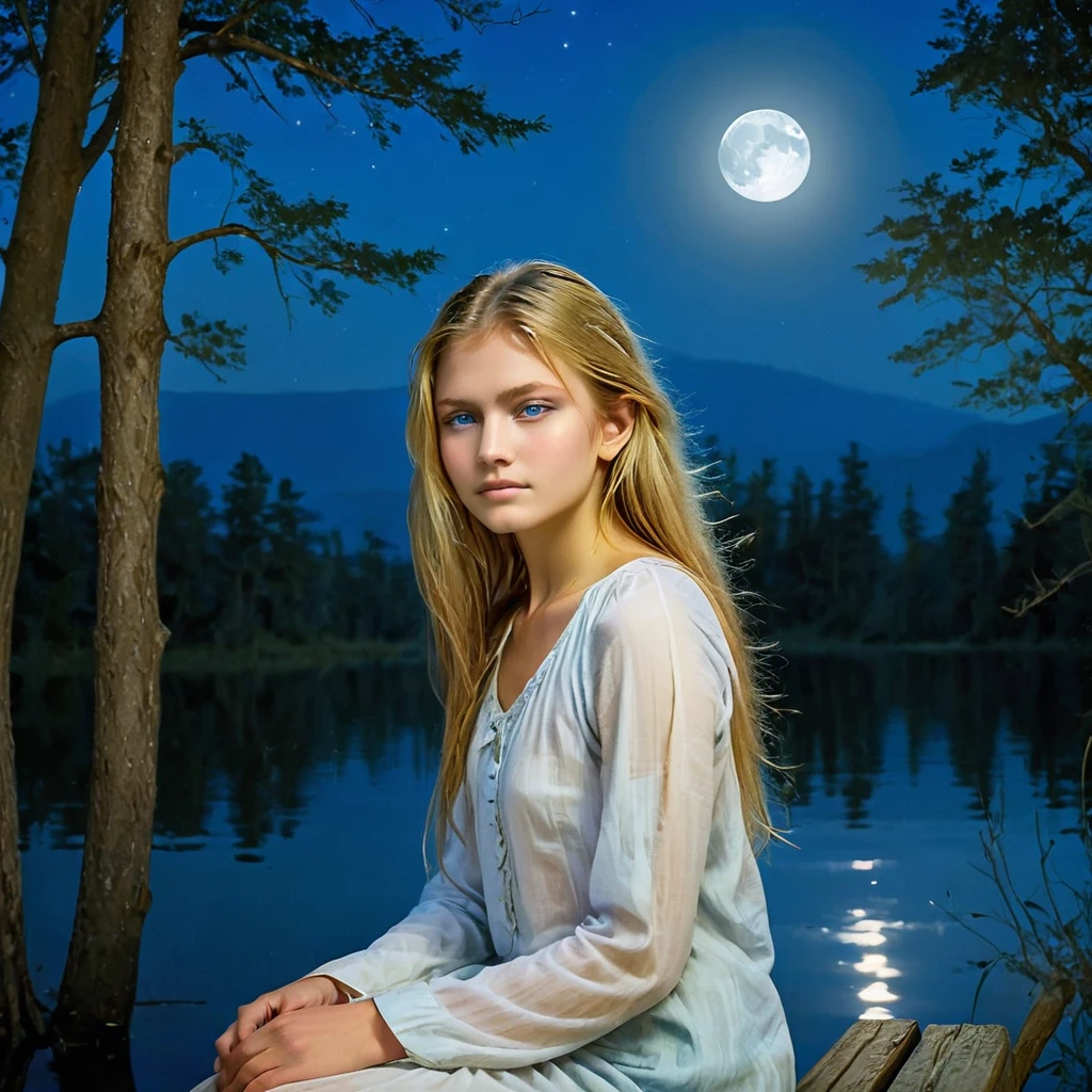 Under the light of a full moon, a young woman with long, flowing blonde hair sits on a bench by a serene lake. The moonlight casts a gentle glow on her fair skin, highlighting her striking blue eyes and the delicate features of her face. Dressed in a loosely buttoned shirt that slips off her shoulders, she exudes a mix of vulnerability and allure. Large hoop earrings frame her face, adding a touch of elegance to her natural beauty. The dark silhouette of the forest in the background contrasts with the bright moon, creating an atmosphere of quiet enchantment. As the night deepens, she becomes a central figure in a story of mystery and romance, where the boundaries between dreams and reality blur under the celestial light, nude