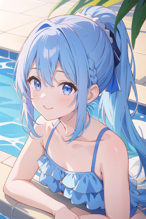 Girl emerging from pool、Blue Hair、Long hair tied in a ponytail、Face close-up、Swimsuit、smile