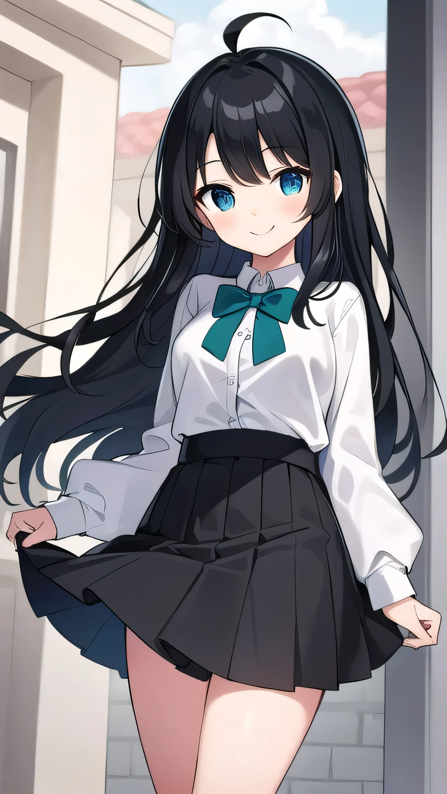Junior high school student who looks like an elementary school student, 14 years old, (very short:1.3), 140cm tall, black hair with a slight green tinge, short ahoge, beautiful long hair but with a little hair sticking out, beautiful round eyes, blue eyes, smile, boyish, long sleeves , thick clothes, skirt, big breasts, hair longer than waist, long hair, young face, dark greenish black hair, gentle smile, a little shy, skirt is black, hair is black but has a slight green tinge, boyish and gentle smile I have.