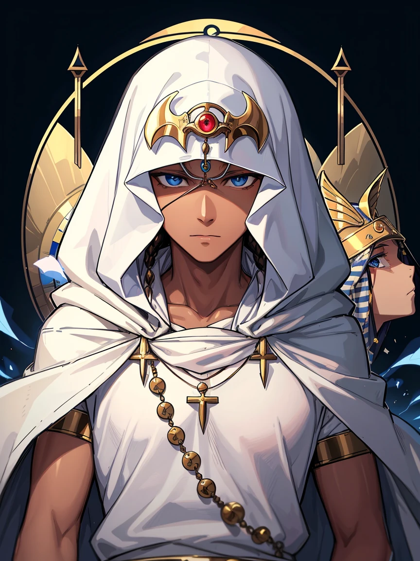 Eye of Horus, Men with brown skin, elder、alone, 
(White hood、mask), Blue eyes, 
Egyptian, 

Portrait、

((Highest quality, High resolution, Perfect Pixel, 4K)), (Beautiful Anime Girls), Depth of written boundary、 Watching the audience, 