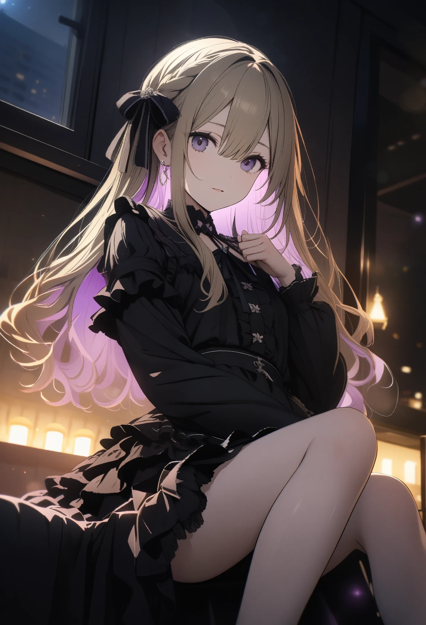 15-year-old girl, ((gothic lolita fashion))、(Golden hair color、Light purple inner color hairstyle、Hair expressed with a delicate touch), Beautiful Hair, Facial Contour, Remember, ,Hotel, splash, Lens flare、night,illumination、Natural Color, High resolution, Very delicate, Very detailed, 8k,(Breast size around B cup)、Shyness,((Sexual)),((Sexy feeling)),Angle of view from the foot