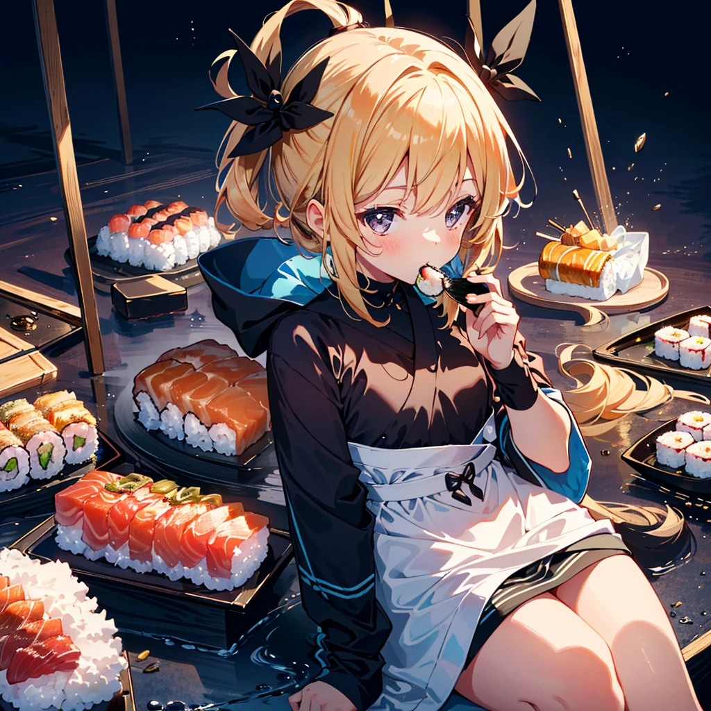 {{{Masterpiece, highest quality, high resolution background}}}, bright and beautiful atmosphere, 3 girls (2 years old, 1 short-tempered round face), 1 (hair, surface effects), small breasts, beautiful sushi A girl holding sushi, a girl eating sushi at the audience, "deltamon_sdXL :0.73) >Deltamon"