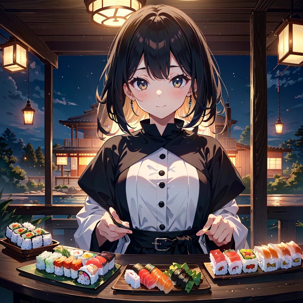 {{{Masterpiece, highest quality, high resolution background}}}, bright and beautiful atmosphere, 3 girls (2 years old, 1 short-tempered round face), 1  (hair, surface effects), small breasts, beautiful sushi A girl holding sushi, a girl eating sushi at the audience, "deltamon_sdXL :0.73) >Deltamon"