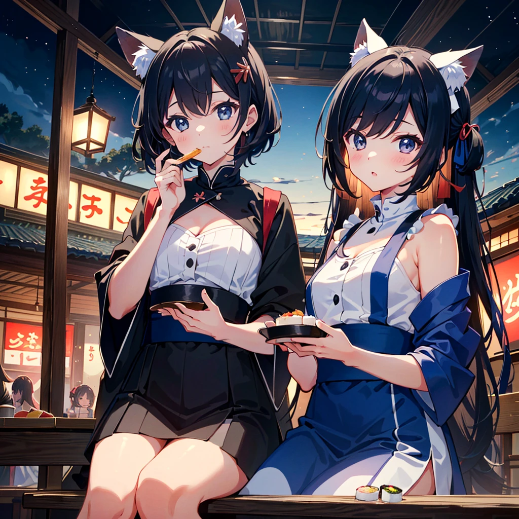 {{{Masterpiece, highest quality, high resolution background}}}, bright and beautiful atmosphere, 3 girls (, 1 short-tempered round face), 1  (hair, surface effects), small breasts, beautiful sushi A girl holding sushi, a girl eating sushi at the audience, "deltamon_sdXL :0.73) >Deltamon"