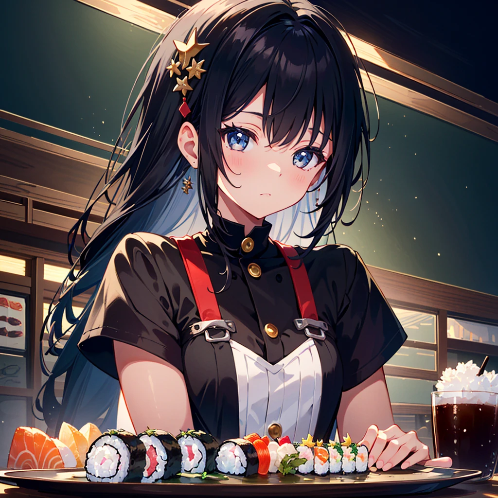 {{{Masterpiece, highest quality, high resolution background}}}, bright and beautiful atmosphere, 3 girls (2 , 1 short-tempered round face), 1  (hair, surface effects), small breasts, beautiful sushi A girl holding sushi, a girl eating sushi at the audience, "deltamon_sdXL :0.73) >Deltamon"