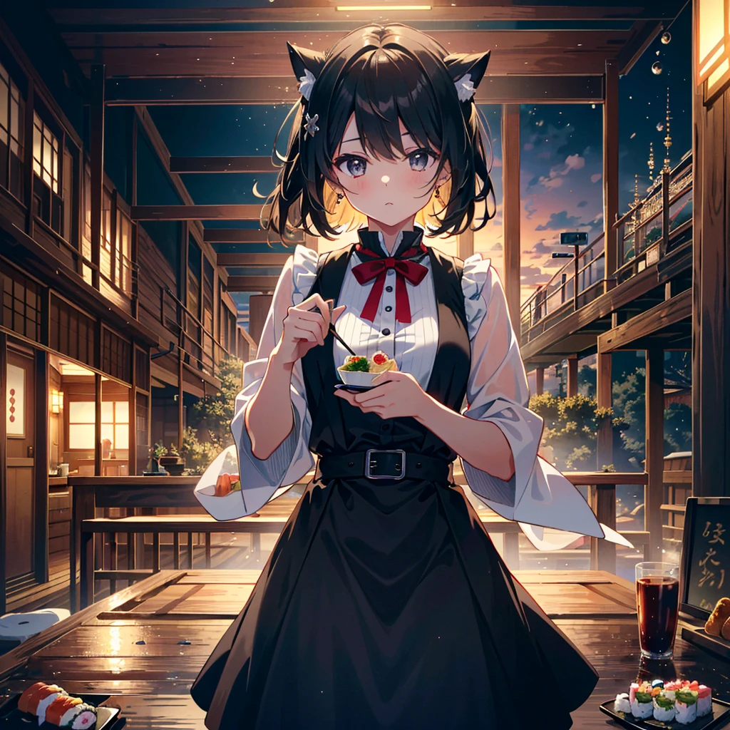 {{{Masterpiece, highest quality, high resolution background}}}, bright and beautiful atmosphere, 3 girls (2 years old, 1 short-tempered round face), 1  (hair, surface effects), small breasts, beautiful sushi A girl holding sushi, a girl eating sushi at the audience, "deltamon_sdXL :0.73) >Deltamon"