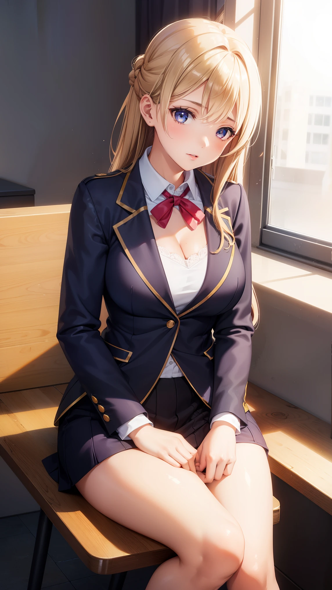 1girl, natural lighting, masterpiece, highly detailed, illustration, game CG, absurdres, high quality, beautiful detailed eyes, glossy lips, natural lighting, medium breasts, klaudia valentz, sitting, office, business suit, jacket