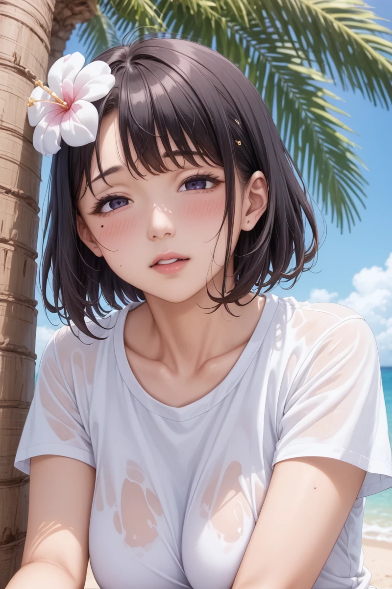 score_9,score_8_superior,score_7_superior,8k, High resolution, 5 years old、beautiful girl, bright black hair, Thin Hair, Small face, cute、Large Breasts、Highest quality,Japanese face、small mole on the corner of the eye,((Puffy eyes))、(superior目づかい)、Short Bob、Riverbank、口角superiorがる、Beautiful legs、Flower Hair Ornaments、sexy、Sensual、Blushing、Palm tree、Ocean、Oversized white T-shirt、orgasm、