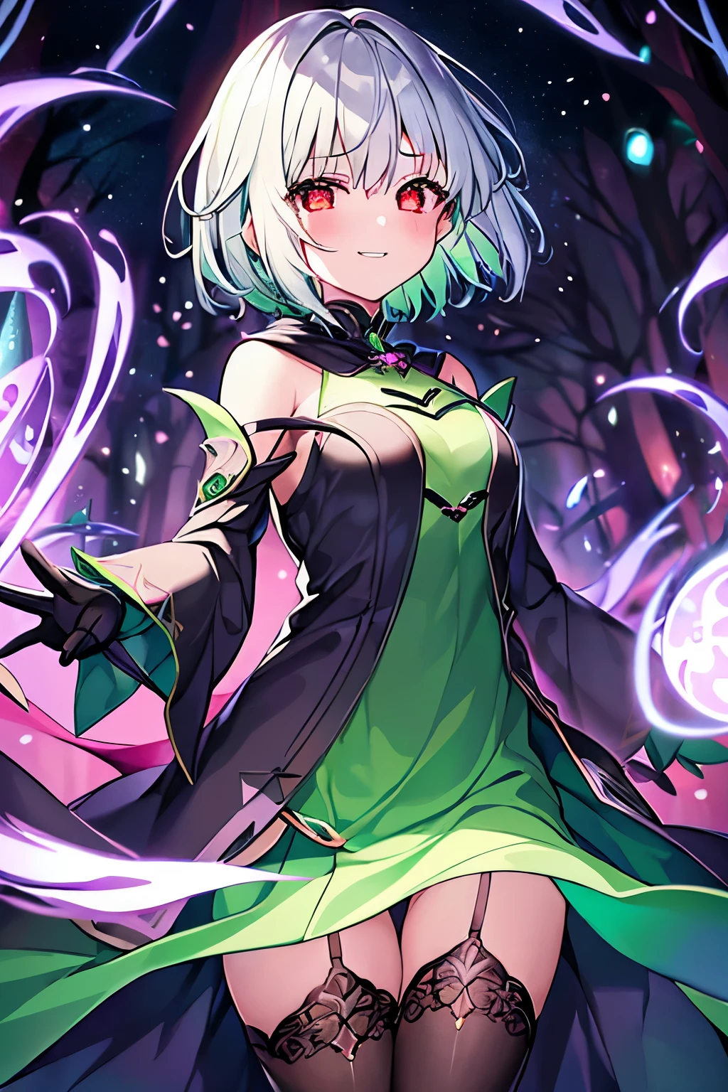 1 girl、Silver short hair、Hollow, glowing red eyes、Fantasy、witch、((黒とGreen clothes))、((Green clothes))、Aggressive design、Cape、Yellow decoration、accessories、Villain、Magical Items、whole body、Mysterious Forest、Wind Magic、Dark Magic、Dark Aura、Grin