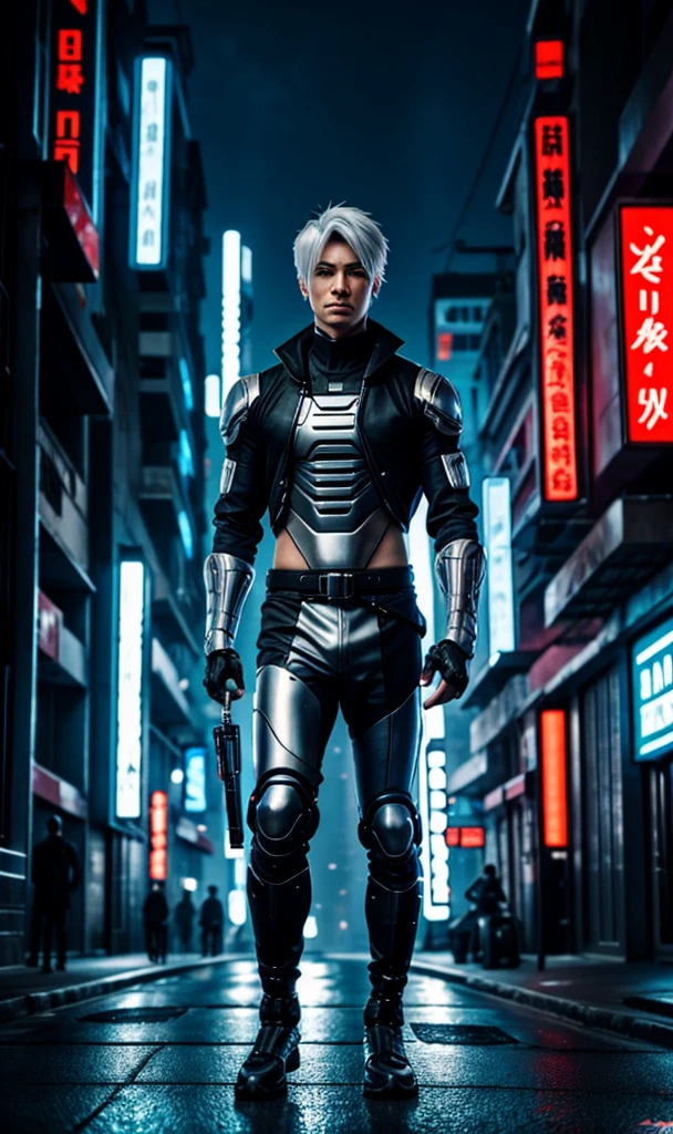 6'0" male Cyber ninja with cybernetic enhancements short silver hair in a cyberpunk city