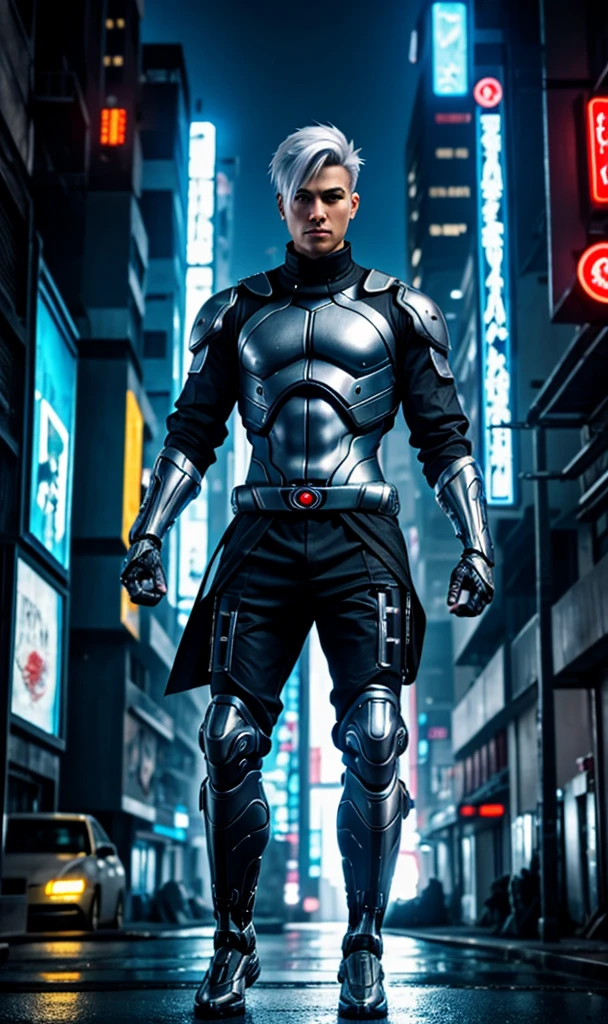6'0" male Cyber ninja with cybernetic enhancements short silver hair in a cyberpunk city