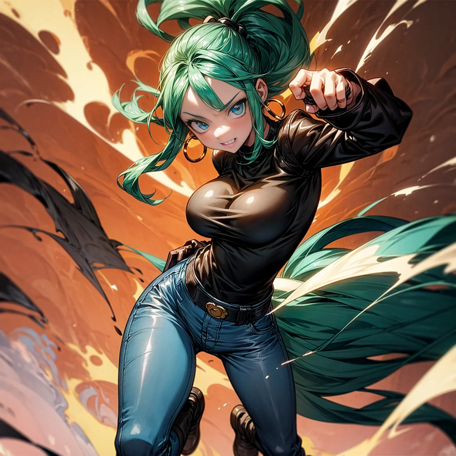 Solo character, girl, full body version, blue eyes, green hair, long Curly hairstyle, ponytail, black t-shirt, brown leather jacket, long jeans, white boots, gloves, big breasts, Grassroots, background in street city, evening day, (one piece style art), standing battle gesture, handgun in hand, smoke effect, fire effect, blood on background, happy eyes, Hoop earrings