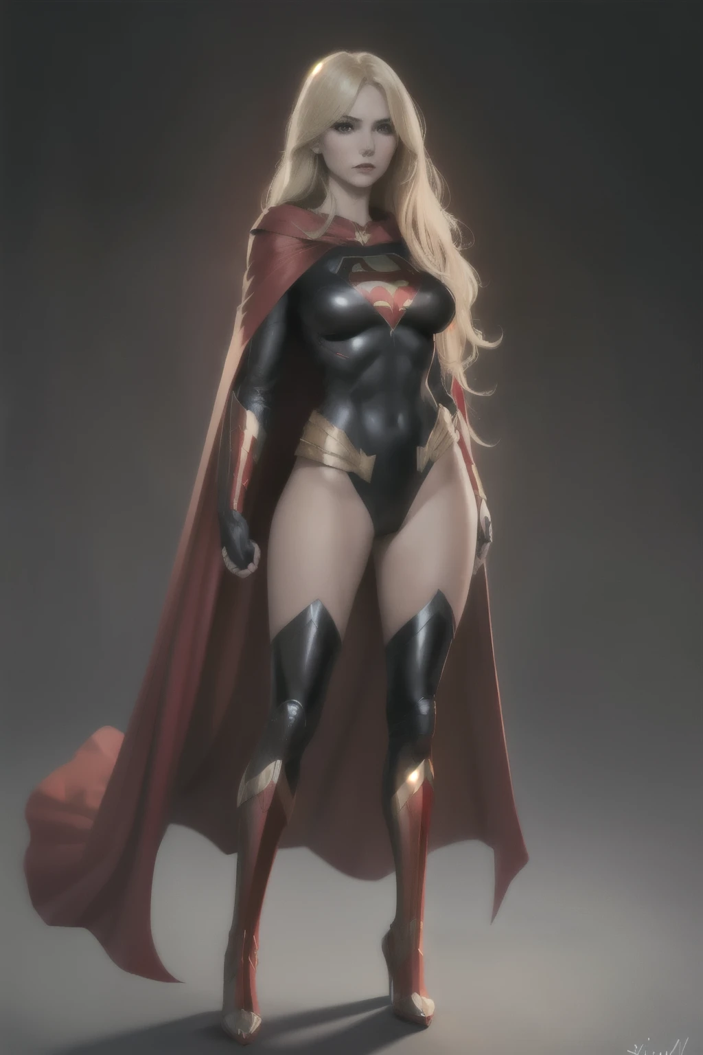 ((best quality)), ((artwork)), ((detailed)), woman, blonde, long hair, full body, superheroine outfit, black with a red cape.
