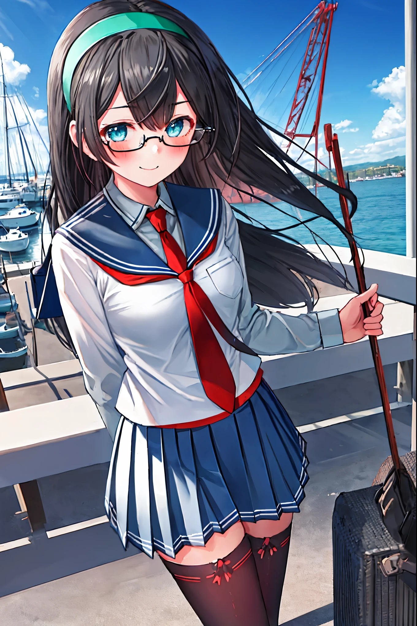 best quality, masterpiece, highres, solo, {ooyodo_kantaicollection:1.15}, black_hair, long_hair, glasses, hairband, semi-rimless_eyewear, under-rim_eyewear, blue_eyes, green_eyes, blush,small_breasts, 1girl, school_uniform, serafuku, pleats_skirt, looking_at_viewer, necktie, harbor_town_background, red_necktie,(angry:0.7),smile,,thigh-highs,solo