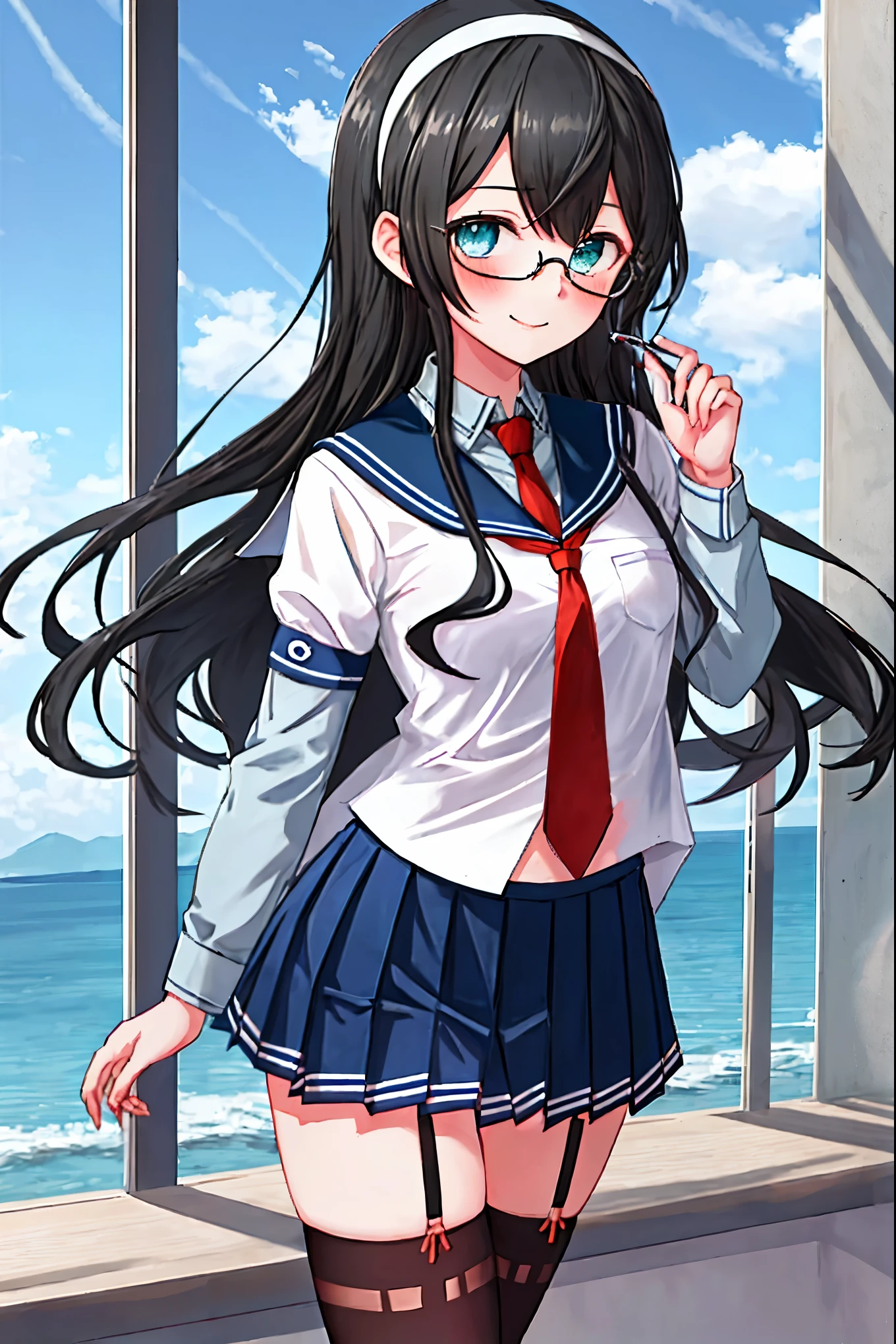 best quality, masterpiece, highres, solo, {ooyodo_kantaicollection:1.15}, black_hair, long_hair, glasses, hairband, semi-rimless_eyewear, under-rim_eyewear, blue_eyes, green_eyes, blush,small_breasts, 1girl, school_uniform, serafuku, pleats_skirt, looking_at_viewer, necktie, harbor_town_background, red_necktie,(angry:0.7),smile,,thigh-highs,solo