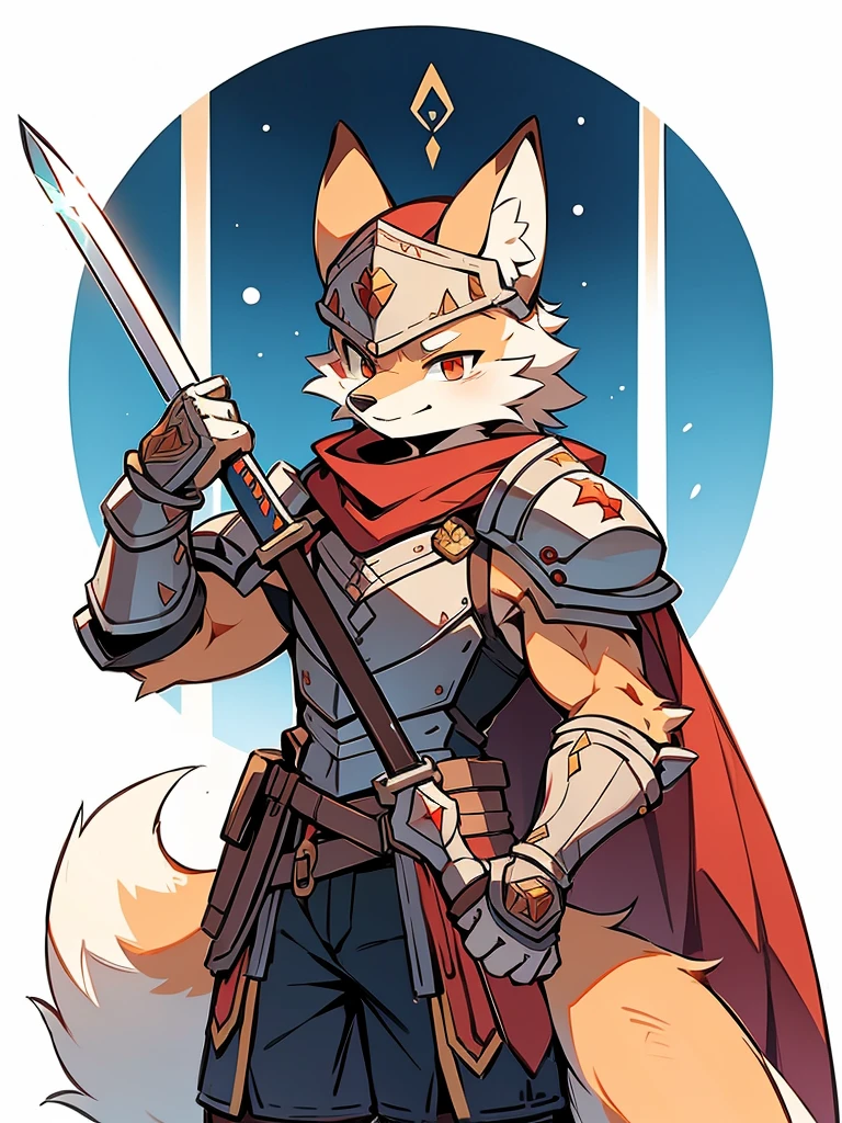 **Name:** zorritolay
**Species:** Fox
**Physical Description:**
- **Fur:** Bright white with red and brown details.
- **Body:** Muscular and athletic, with a physique that reflects strength and agility.
- **Armor:** Full metal plate armor, polished and shiny, with gold trim on the edges and intricate details. It covers the torso, shoulders, and thighs, allowing freedom of movement.
- **Shield:** Round shield with a fox emblem in the center, with a metallic finish and decorated with runes or mystical symbols.
- **Sword:** Long, sharp-bladed sword with an elegant hilt that can be shaped like a fox or engraved details. The blade can be adorned with gems.
**Cape:** Long, flowing cape, in a white or red hue, that complements his armor.
- **Helmet:** Helmet with a decorated visor, leaving your face visible and expressive.
