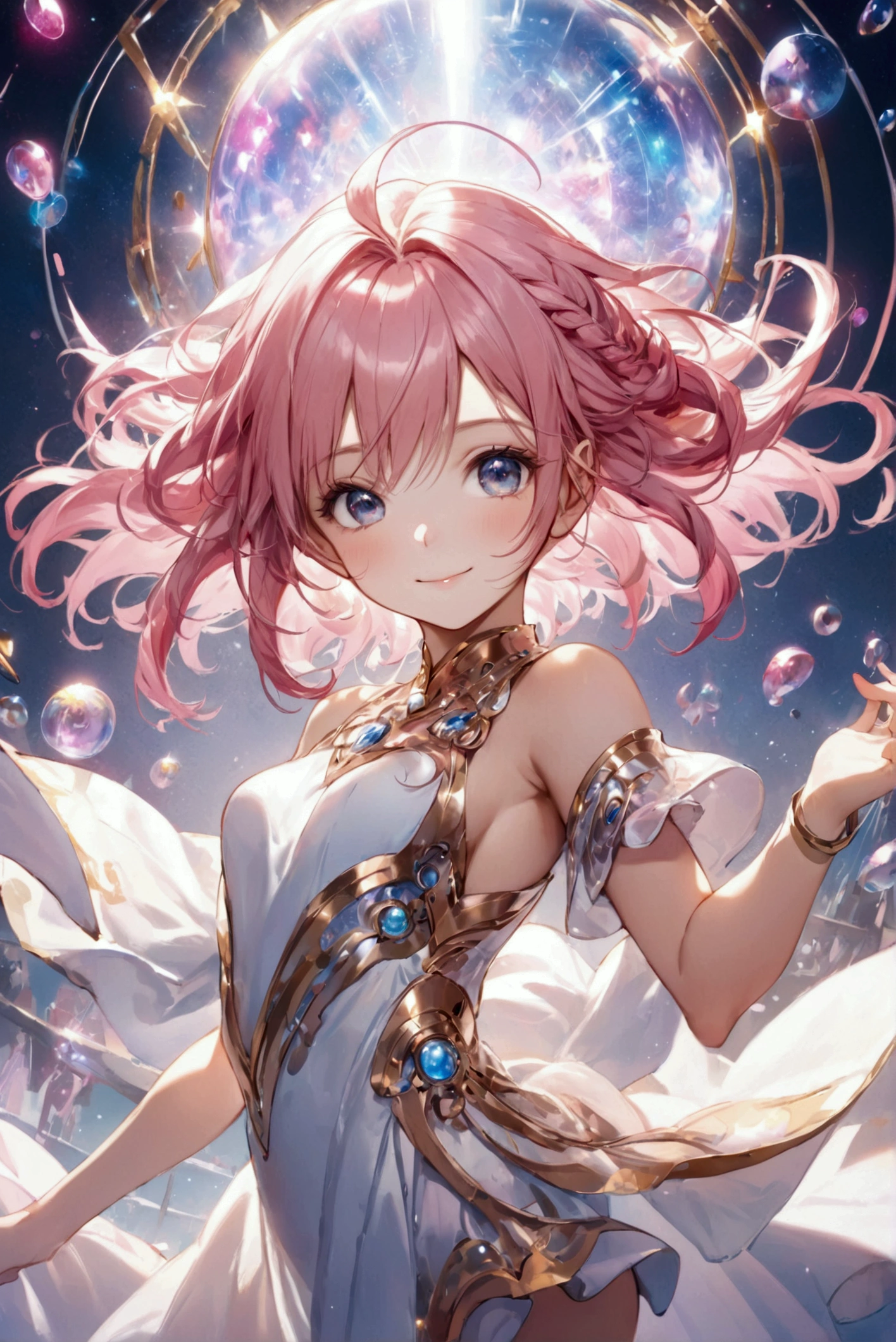 (Highest quality, 8k, 32K, masterpiece, Ultra-high resolution,:1.2),born, One girl,Super cute , Natural light,Clear, shining eyes, 20-year-old ,Fair skin, Girl with pink hair, Woman warrior, Sexy pose, An innocent smile, A fantasy background reminiscent of an electronic world, Random hairstyle