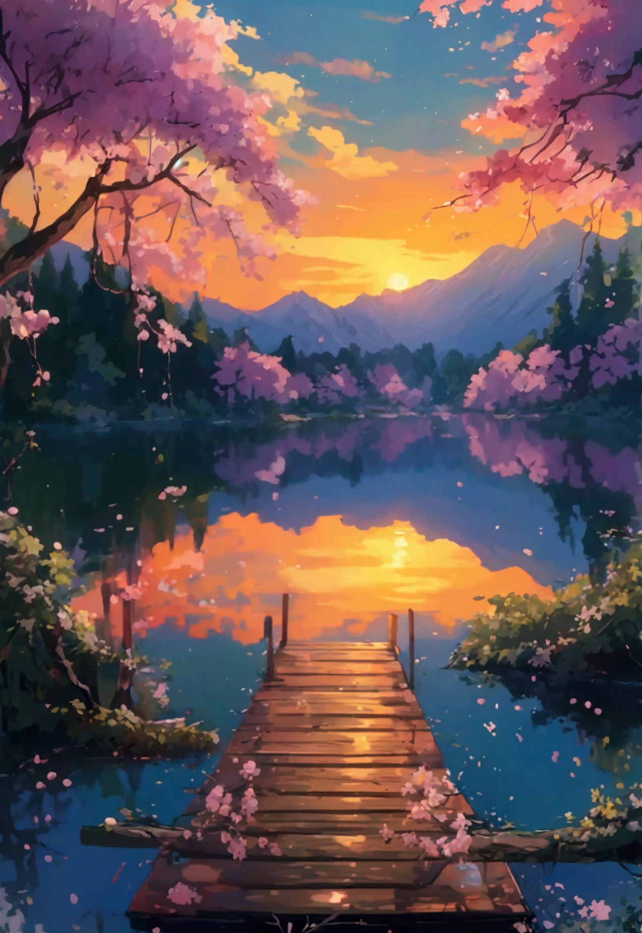 A painting of a serene lakeside with a crystal-clear lake, surrounded by lush trees, hanging flowers, and a wooden dock. The sky is painted with a vibrant sunset, reflecting on the water. There are delicate cherry blossoms falling gently. high detail, overgrowth. by Makoto Shinkai, by Makoto Shinkai, by Makoto Shinkai, anime. by Makoto Shinkai, Studio Ghibli environment, Ghibli Studio art, cinematic Studio Ghibli still, Ghibli Studio style, style of Makoto Shinkai, 4K HD, beautiful art UHD 4K, a beautiful artwork illustration, beautiful digital painting, highly detailed digital painting, beautiful digital artwork, detailed painting 4K, very detailed digital painting, rich picturesque colors, gorgeous digital painting.
