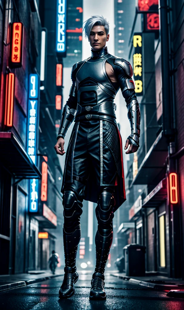 6'0" male Cyber ninja with cybernetic enhancements short silver hair in a cyberpunk city