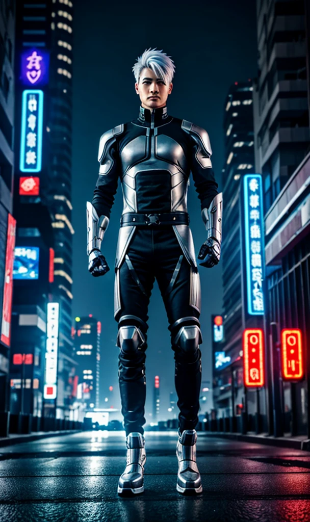 6'0" male Cyber ninja with cybernetic enhancements short silver hair in a cyberpunk city