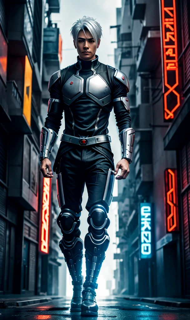 6'0" male Cyber ninja with cybernetic enhancements short silver hair in a cyberpunk city