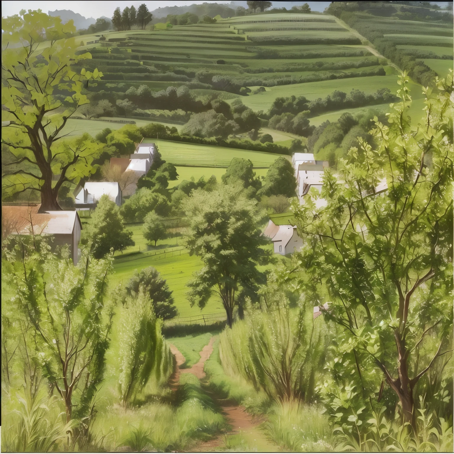 vine trees in a field'green grass and'trees with a river in the background, Terraced orchards and ponds, The villagers are busy cultivating, terre idyllique et fertile, Wide view of a farm, tea garden'Assam, try it, mountain valley at the'usine, seen from afar, prise au début des années 2020, mountainous jungle setting