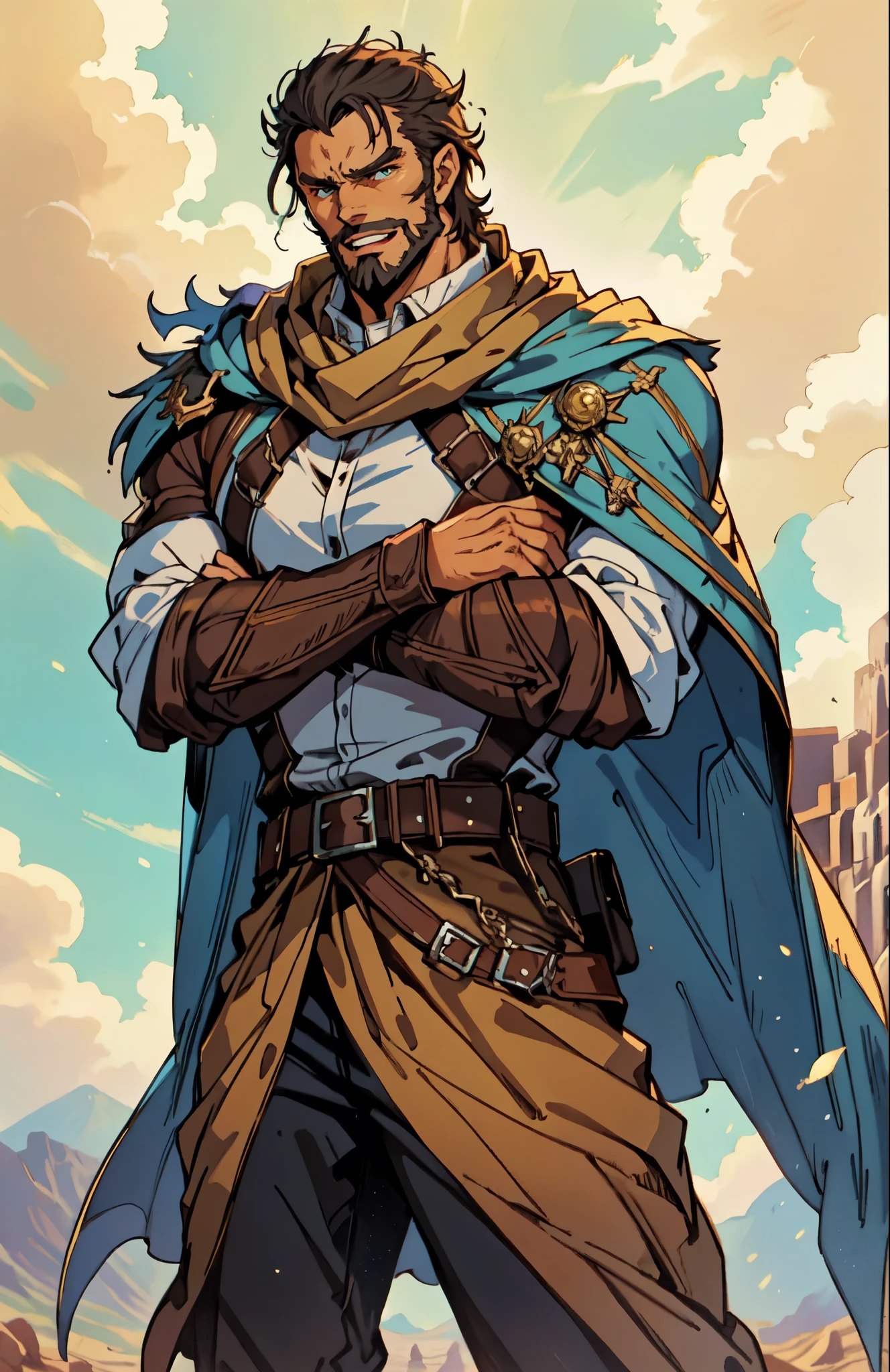 (masterpiece:1.2, best quality:1.2, extremely delicate:1.2), ((male:1.5)), a middle-aged man with short black and gold hair, rugged eyebrows, a full beard, downturned triangular eyes, an arrogant expression, mouth open laughing, a tall and robust build, a fantasy western-style cape and leather coat, his arms crossed over his chest, a leather utility belt, loose canvas trousers, standing majestically on a barren hillside, this character embodies a finely crafted fantasy western-style overlord in anime style, exquisite and mature manga art style, dramatic, high definition, highres, ultra-detailed, ultra-fine painting, professional, perfect body proportions, golden ratio, anatomically correct, symmetrical face, extremely detailed eyes and face, high quality eyes, creativity, RAW photo, UHD, 32k, Natural light, cinematic lighting, (masterpiece-anatomy-perfect:1.2)