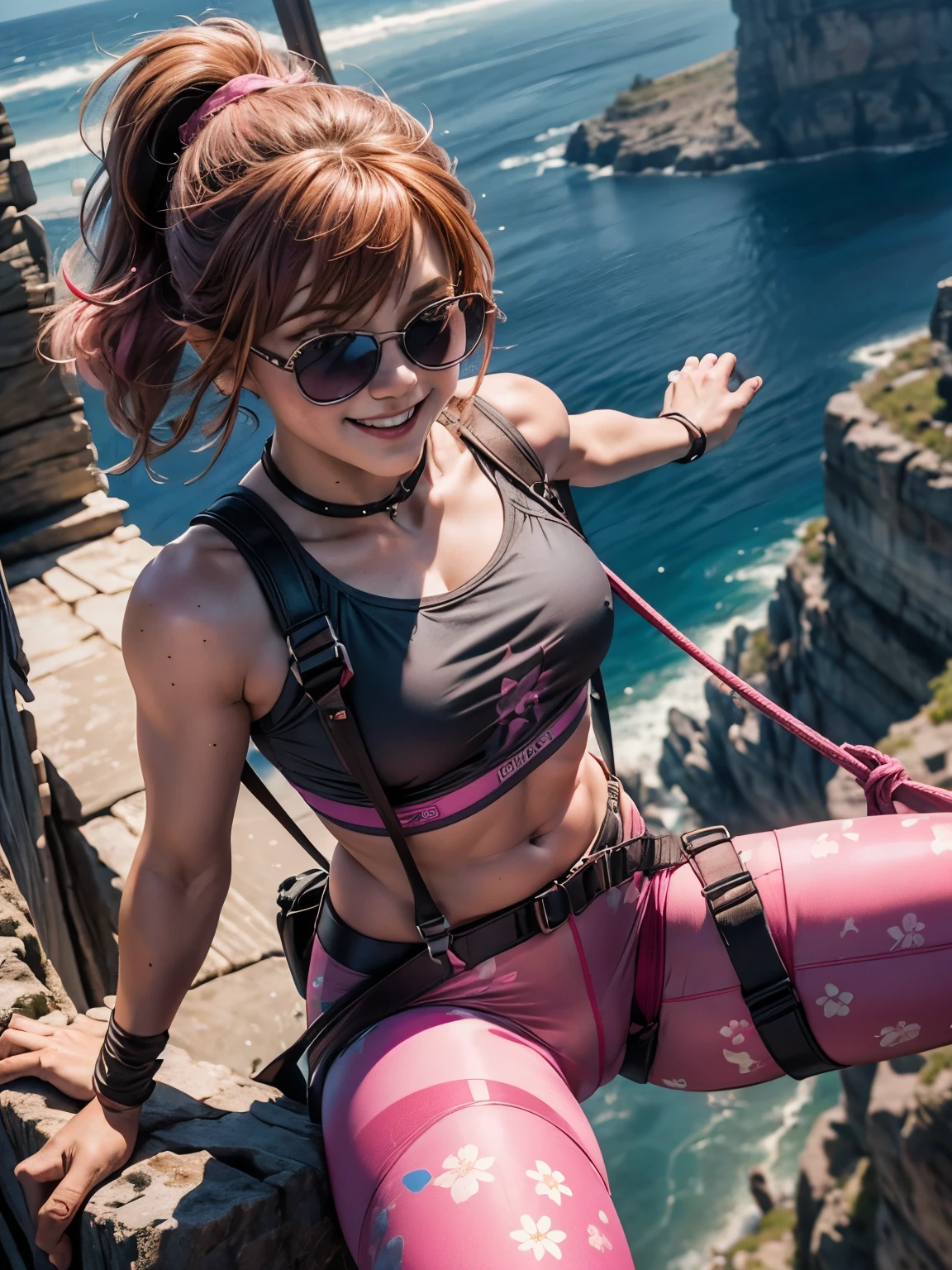 Closeup view, looking straight down from overhead, Lindsey Stirling climbing, dangling from an overhang, dark brown ponytail, wraparound mirror sunglasses, ropes, freckles, grinning, pink floral crop top, pink leggings, climbing harness with carabiniers, chalk bag