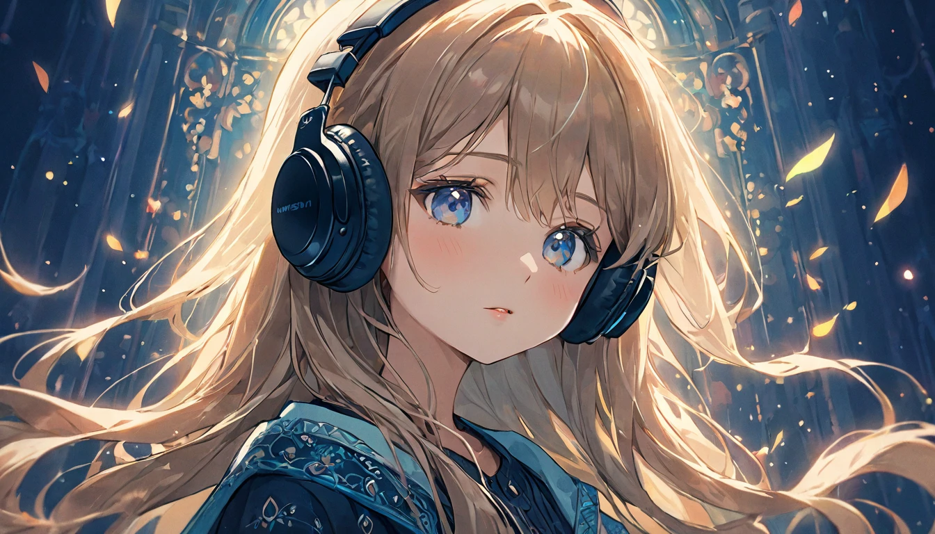 a girl wearing headphones listening to music, anime style, detailed facial features, long hair, beautiful eyes, small nose, cute lips, delicate facial expression, serene mood, intricate clothing details, intricate background details, digital art, highly detailed, vibrant colors, soft lighting, cinematic composition, masterpiece,full body